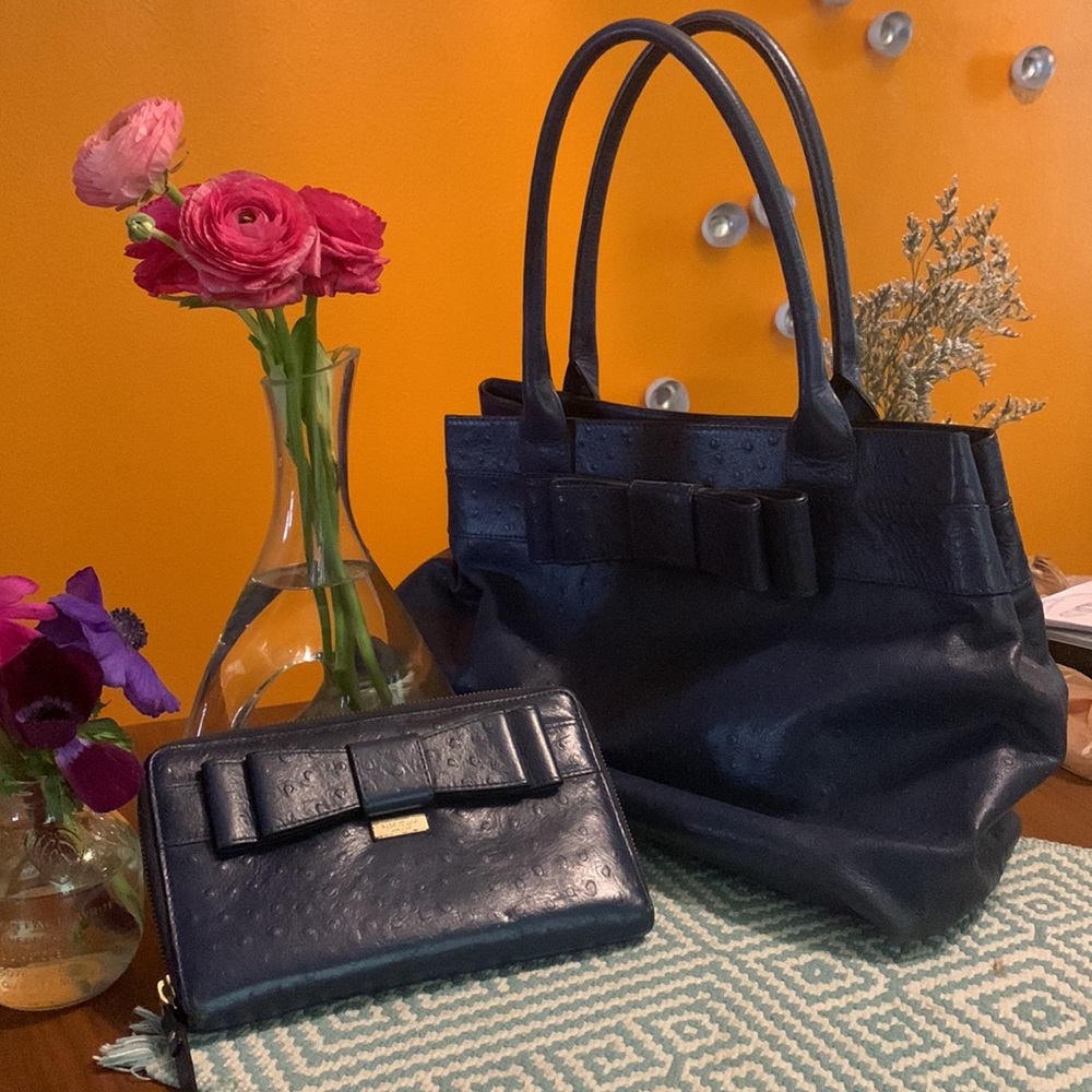 Kate Spade Bow Handbag + Large Ziparound Wallet Clutch Set Navy Ostrich